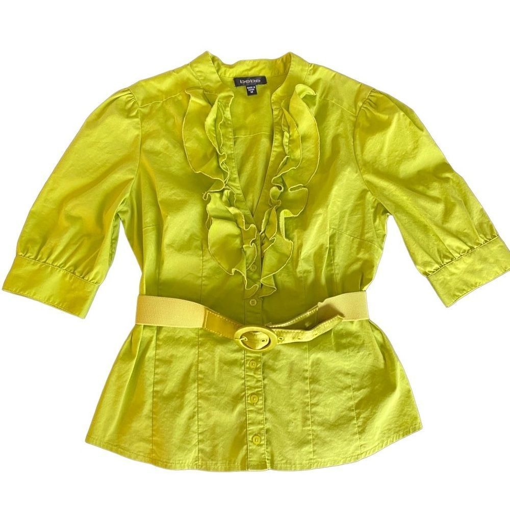 Bebe lime citrus green blouse button up top with belt and ruffles women’s size M